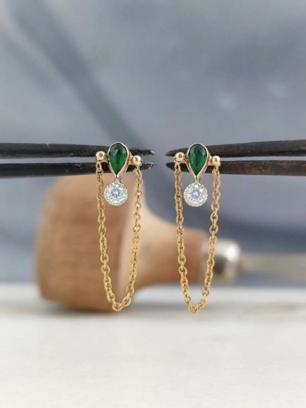 Emerald Moissanite Drop Dangle Earrings | Solid 14K Gold Handmade Fine Jewelry